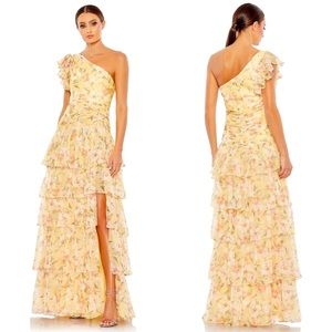 Mac Duggal Yellow Floral One-Shoulder Dress